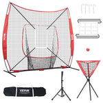 VEVOR 7x7 ft Baseball Softball Practice Net Portable Baseball Training Net for Hitting Catching Pitching Backstop Baseball Equipment with Bow Frame Carry Bag Strike Zone Ball Tee Ball Collector