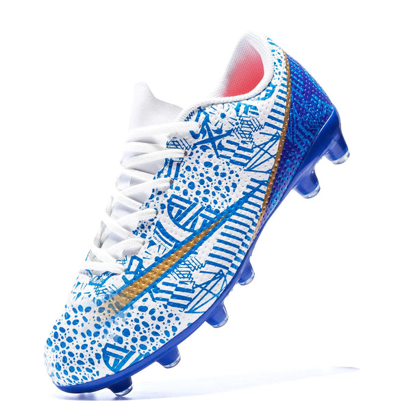 RUMFEN Kids Soccer Shoes Boys Girls Soccer Cleats Low-Top Non-Slip Lightweight Breathable Cleats for Artificial Grass Turf Blue White 1.5