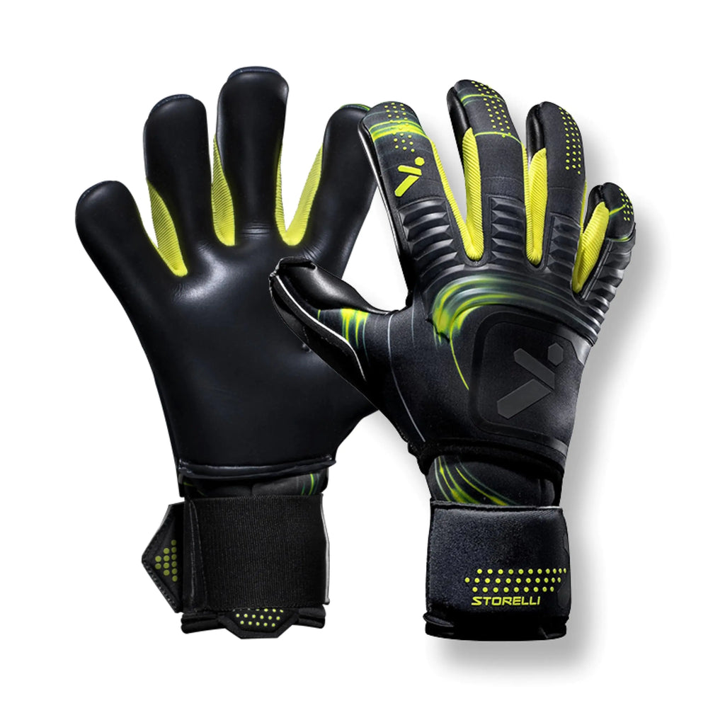 Storelli Silencer Menace Goalkeeper Gloves Soccer Goalie Gloves for Youths & Adults Roll-Negative Hybrid Gloves with Removable Finger Spines Black & Yellow Size 8