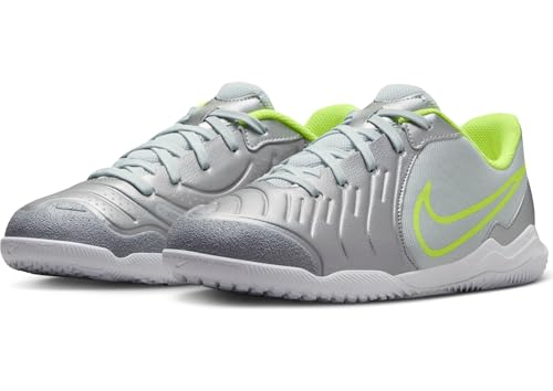 Nike Jr. Tiempo Legend 10 Academy Little/Big Kids' Indoor/Court Low-Top Soccer Shoes (DV4350-001, Metallic Silver/Volt/Black) Size 5.5