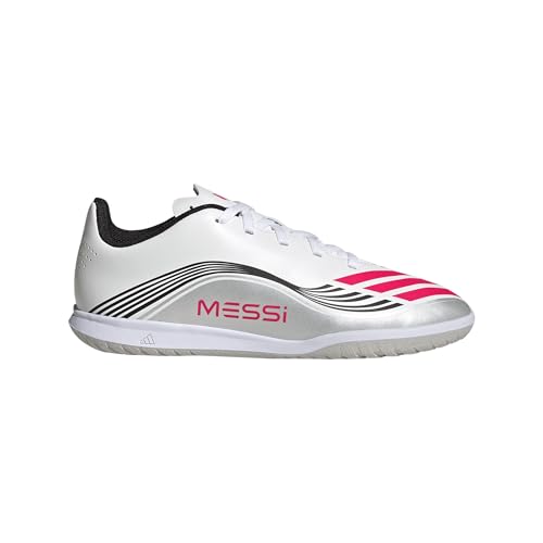 adidas F50 Messi Club Indoor Sneaker, White/Lucid Red/Silver Metallic, 3.5 US Unisex Little Kid