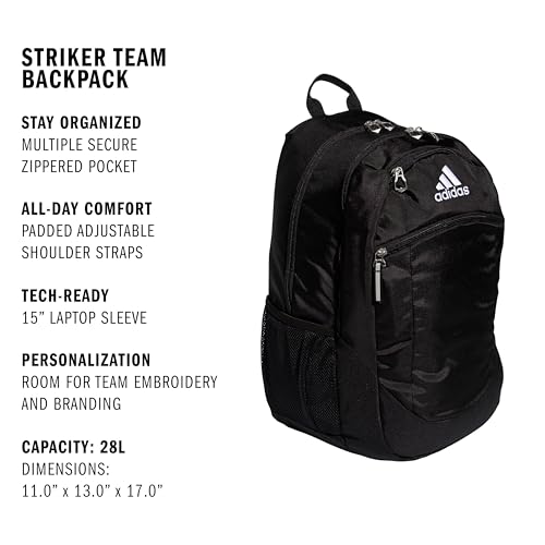 adidas Striker Team Sports Backpack for Soccer and More, Workout Bag for Men and Women, Black/White, One Size