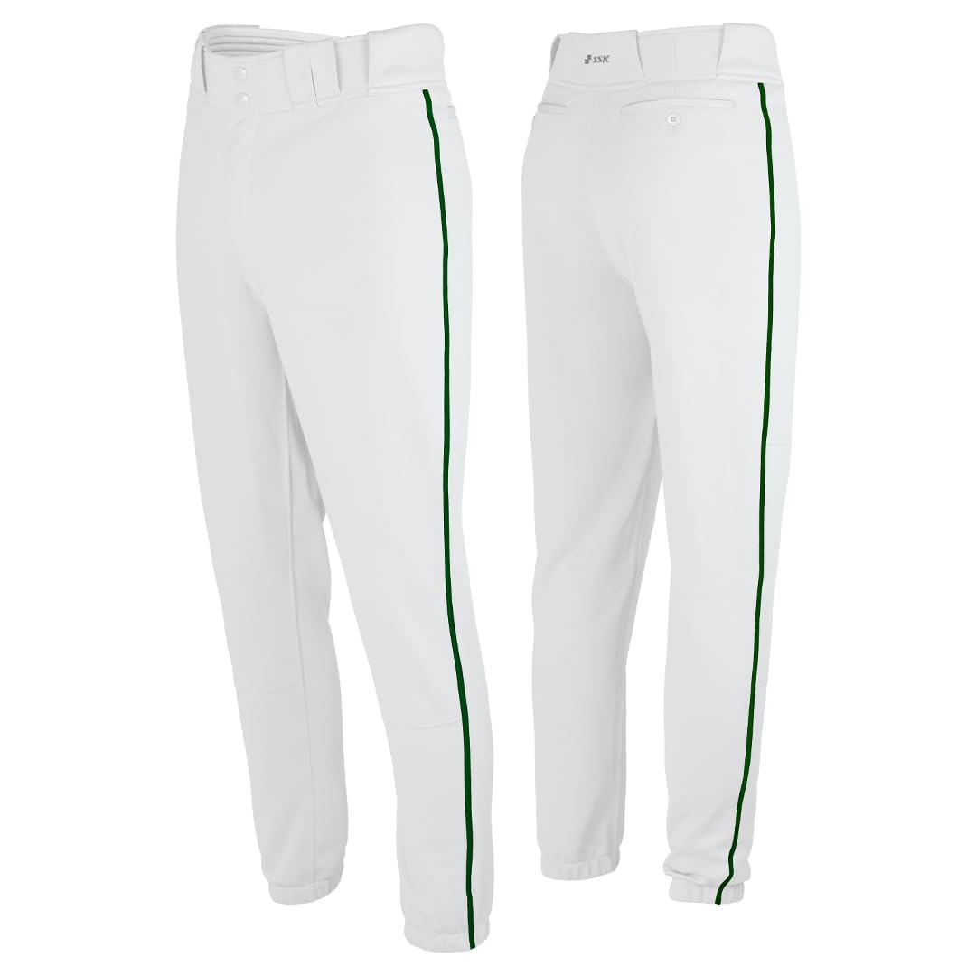 SSK Showcase Collection Flex Bottom Adult Baseball Pants | Adult Sizes Solid & Piped (US, Alpha, X-Large, Regular, Regular, White/Forest)
