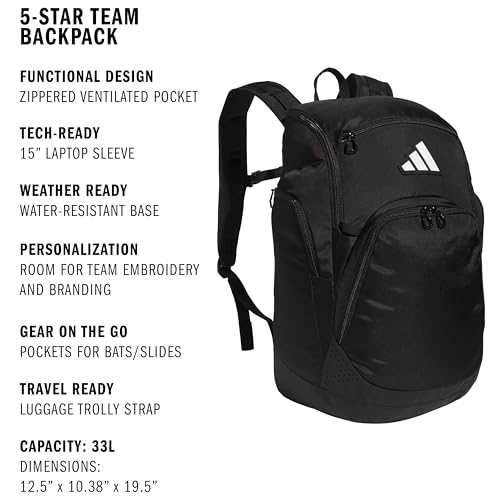 adidas 5-Star 2.0 Team Backpack for Multi-Sport Practice, Travel and Game-Day, Black, One Size