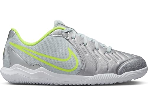 Nike Jr. Tiempo Legend 10 Academy Little/Big Kids' Indoor/Court Low-Top Soccer Shoes (DV4350-001, Metallic Silver/Volt/Black) Size 5.5