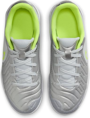 Nike Jr. Tiempo Legend 10 Academy Little/Big Kids' Indoor/Court Low-Top Soccer Shoes (DV4350-001, Metallic Silver/Volt/Black) Size 5.5