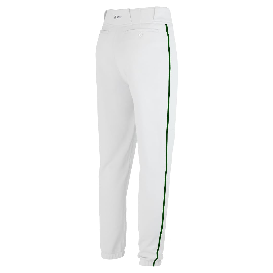 SSK Showcase Collection Flex Bottom Adult Baseball Pants | Adult Sizes Solid & Piped (US, Alpha, X-Large, Regular, Regular, White/Forest)