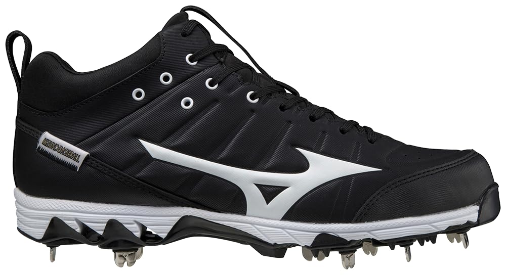Mizuno unisex adult 9-spike Ambition Mid 9 Spike Men's Metal Baseball Cleat 12, Black-white (9000), 12 US