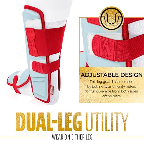 Franklin Sports Baseball + Softball Leg Guard - PRT Series Youth Shin + Foot Shield for Batting - Protective Leg + Ankle Guard with Toe Plate - Right Hand + Left Hand Hitters - Caroline Blue/Red