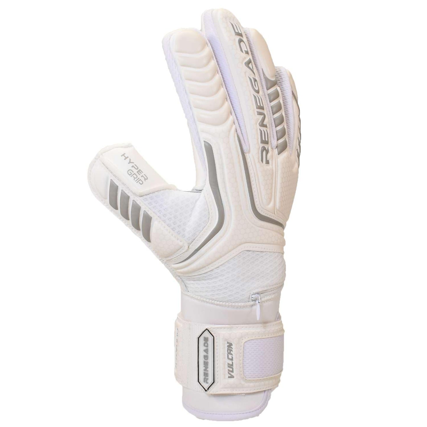 Renegade GK Vulcan Whiteout Goalie Gloves with Fingersaves | 3.5+3mm Hyper Grip & 4mm Duratek | White Goalkeeping Gloves (Size 9, Youth-Adult, Roll Cut, Level 3)