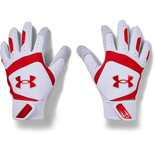 Under Armour Mens Yard 20 Baseball Gloves , White (102)/Red , Small