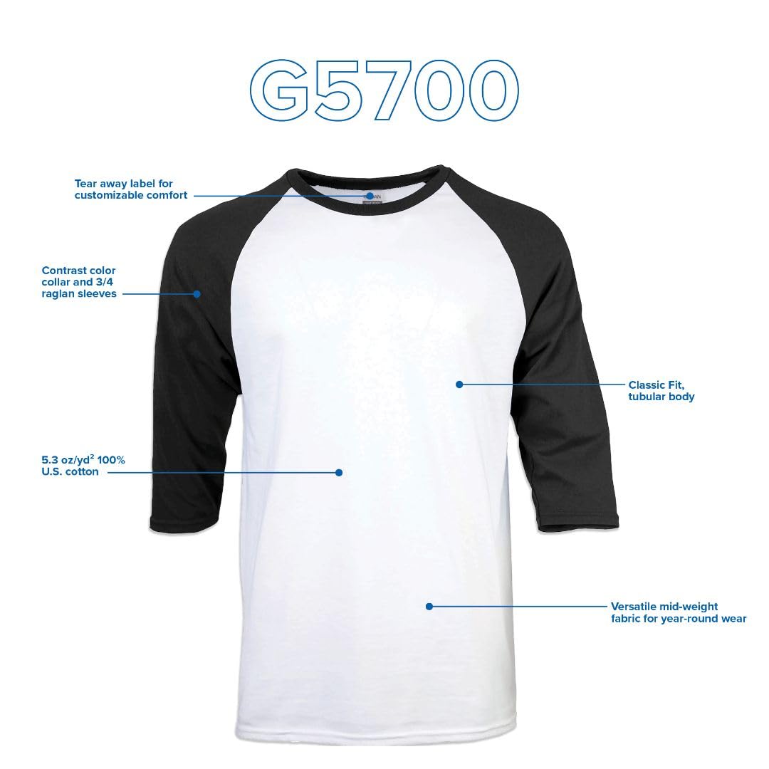 Gildan Adult Heavy Cotton 3/4 Raglan T-Shirt, Style G5700, 2-Pack, White/Black, Medium