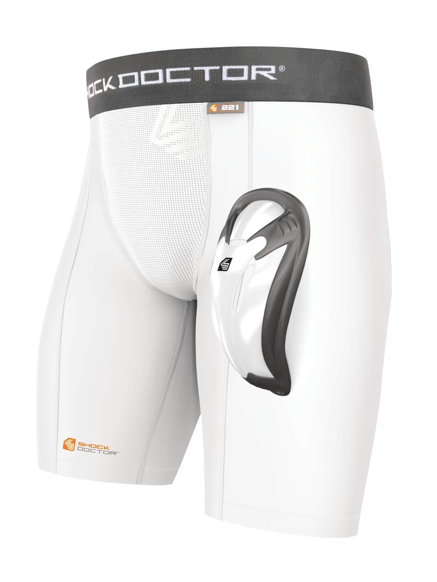 Shock Doctor Compression Shorts Men, Protective Bio-Flex Cup, Moisture-Wicking, Vented Protection. Adult Men Sizes. White