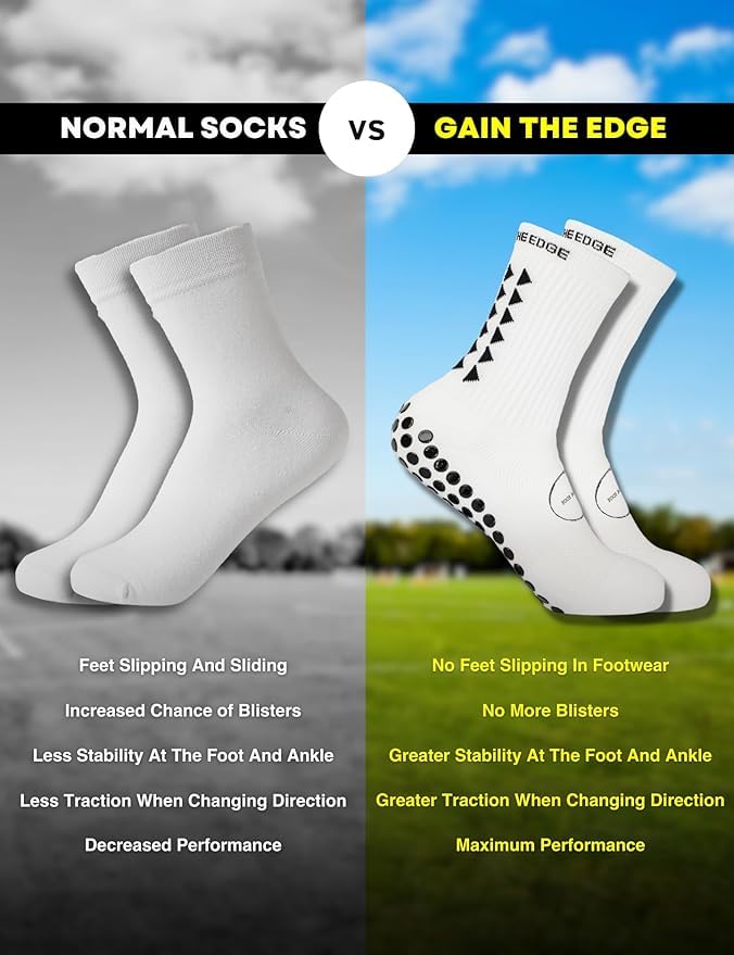 Gain The Edge Soccer Grip Socks - 4pc Set - Large - White - Grip Soccer Socks - Anti-Slip - For Men, Kids, Boys, Girls Unisex
