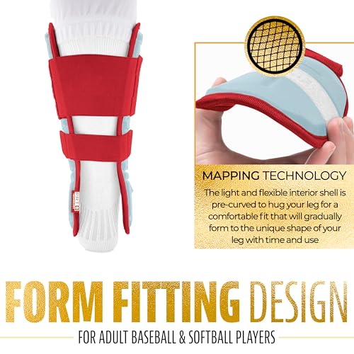 Franklin Sports Baseball + Softball Leg Guard - PRT Series Youth Shin + Foot Shield for Batting - Protective Leg + Ankle Guard with Toe Plate - Right Hand + Left Hand Hitters - Caroline Blue/Red