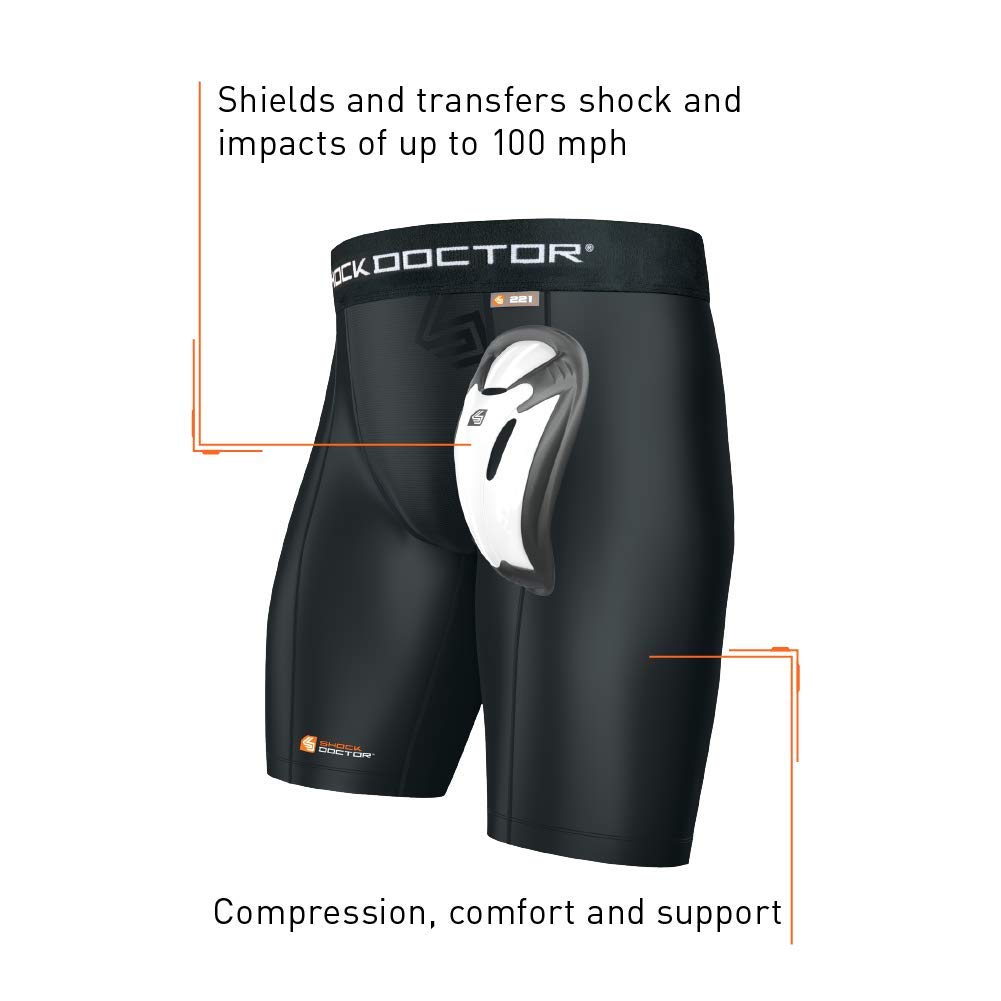 Shock Doctor Compression Shorts Men, Protective Bio-Flex Cup, Moisture-Wicking, Vented Protection. Adult Men Sizes. White