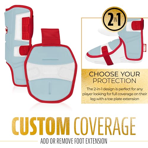 Franklin Sports Baseball + Softball Leg Guard - PRT Series Youth Shin + Foot Shield for Batting - Protective Leg + Ankle Guard with Toe Plate - Right Hand + Left Hand Hitters - Caroline Blue/Red