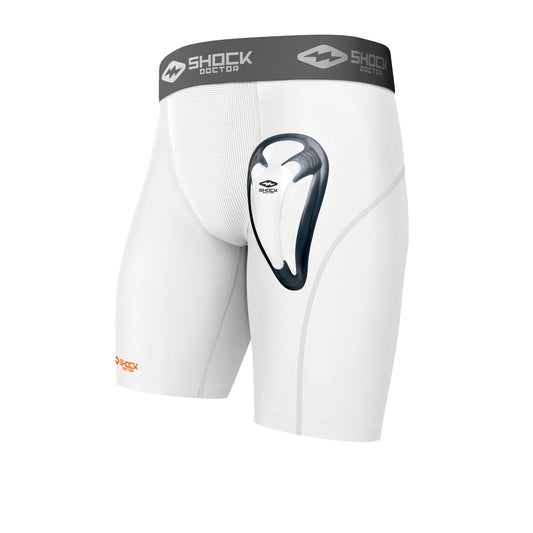 Shock Doctor Compression Shorts Men, Protective Bio-Flex Cup, Moisture-Wicking, Vented Protection. Adult Men Sizes. White