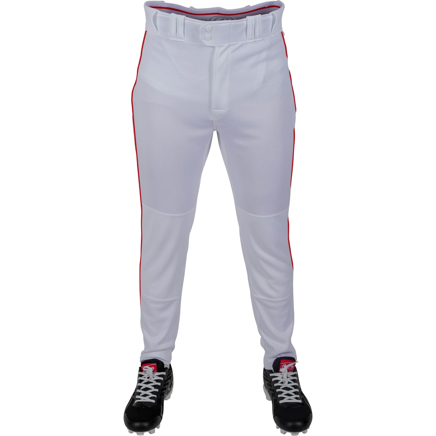 Rawlings Men's PRO 150 Series Baseball Pant | Jogger Fit | Adult Sizes | Solid & Piped Options, White/Scarlet, Medium