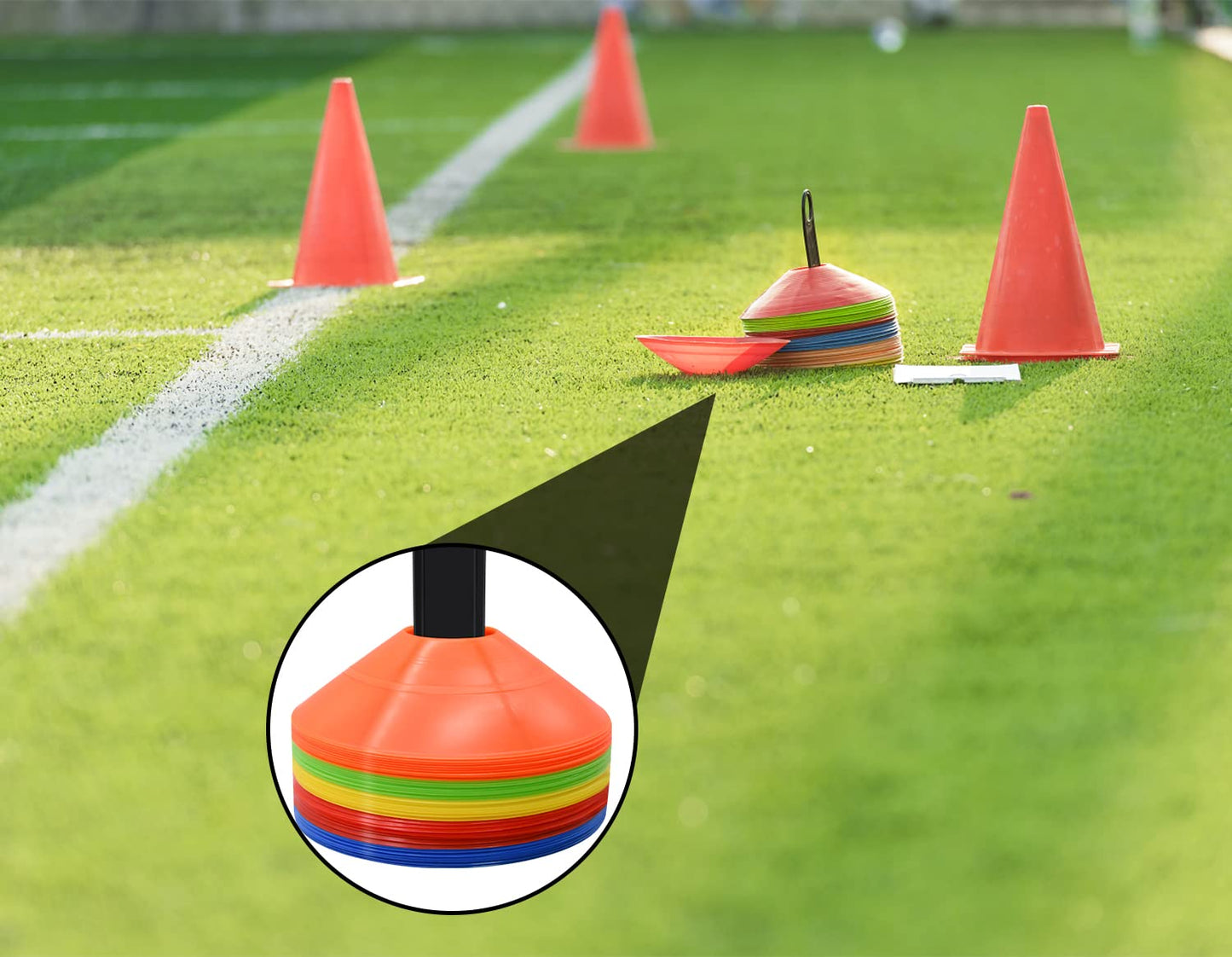 FGBNM 25/50/100/200 Pack Disc Cones, Agility Soccer Cones with Carry Bag and Holder, Soccer Cones for Sports Training, Football, Soccer, Basketball, Coaching, Practice Equipment, 5 Color (25 Pack)
