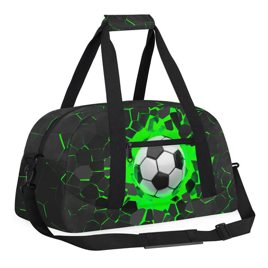 Green 3D Soccer Kids Overnighter Duffel Bags for Boys, Carry-On Size Sports Gym Bag with Front Zipper Pocket for School Practice or Overnight Travel Weekender Sleepover Tote Bag