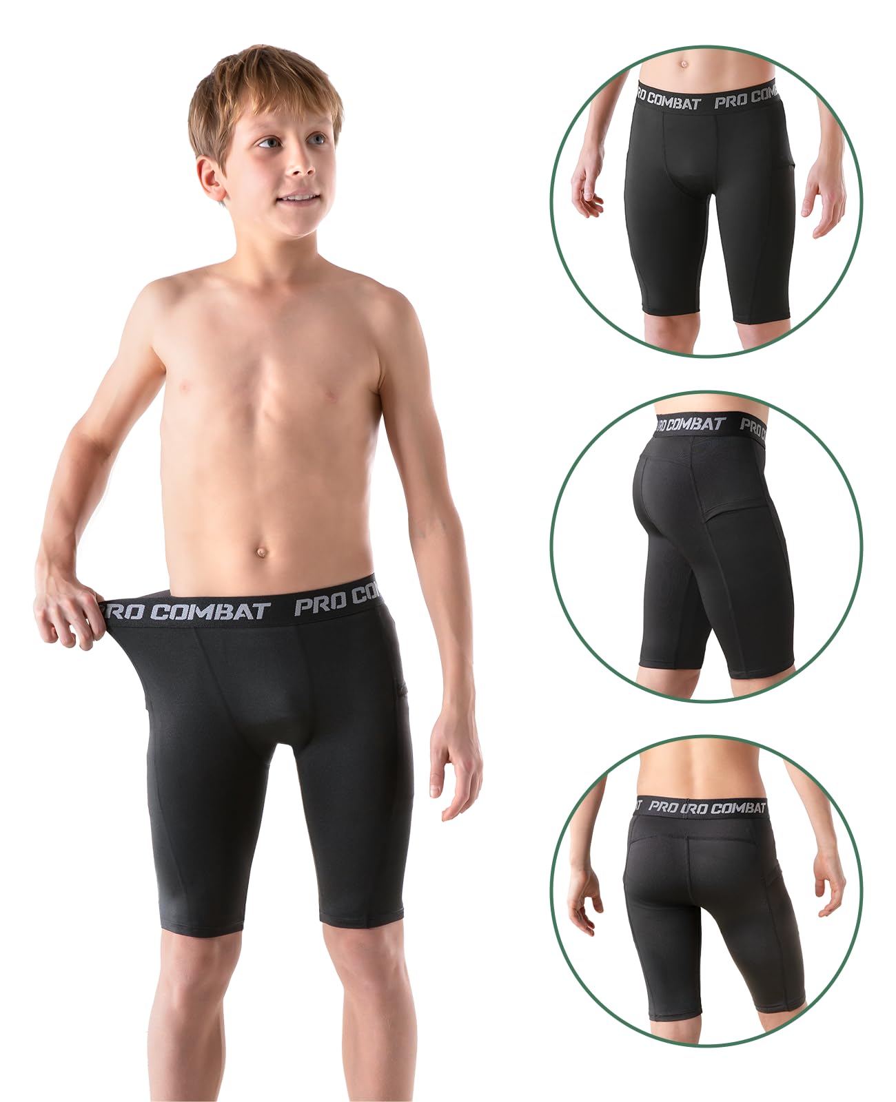 Niksa Boys' Compression Shorts, Youth Performance Base Layers Workout Underwear, Side Pockets Sports Shorts for Running Or Soccer