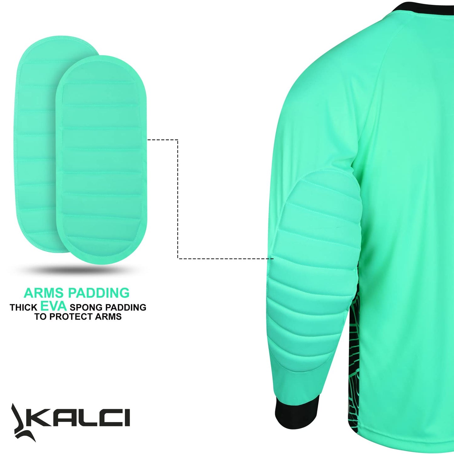 Kalci Hidden Chest Padding Soccer Goalie Jersey Youth & Adult Long Sleeve Elbow Padded Goalkeeper Shirt for Boys & Girls (Turquoise X-Small)