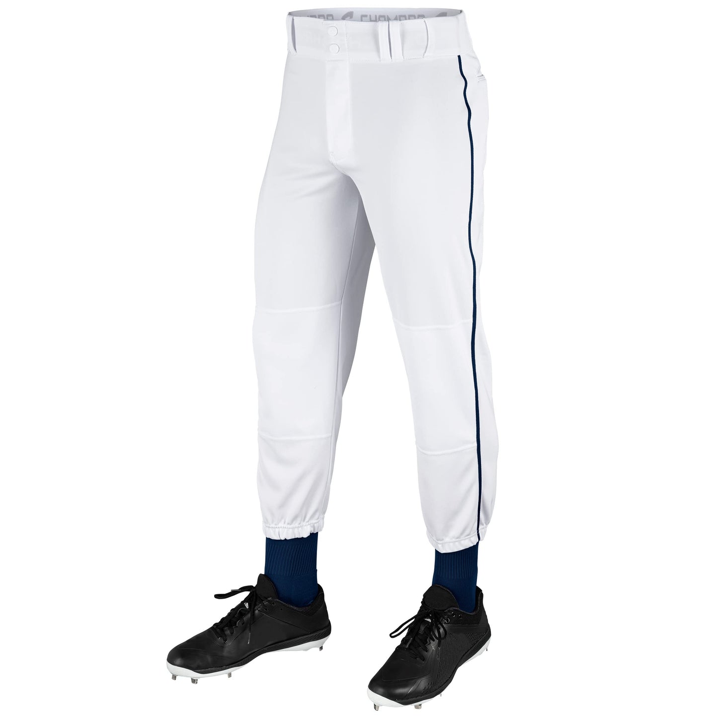Champro Traditional Fit Triple Crown Classic Baseball Pants with Contrast-Color Braid Piping and Reinforced Sliding Areas, White, Navy Pipe, Large