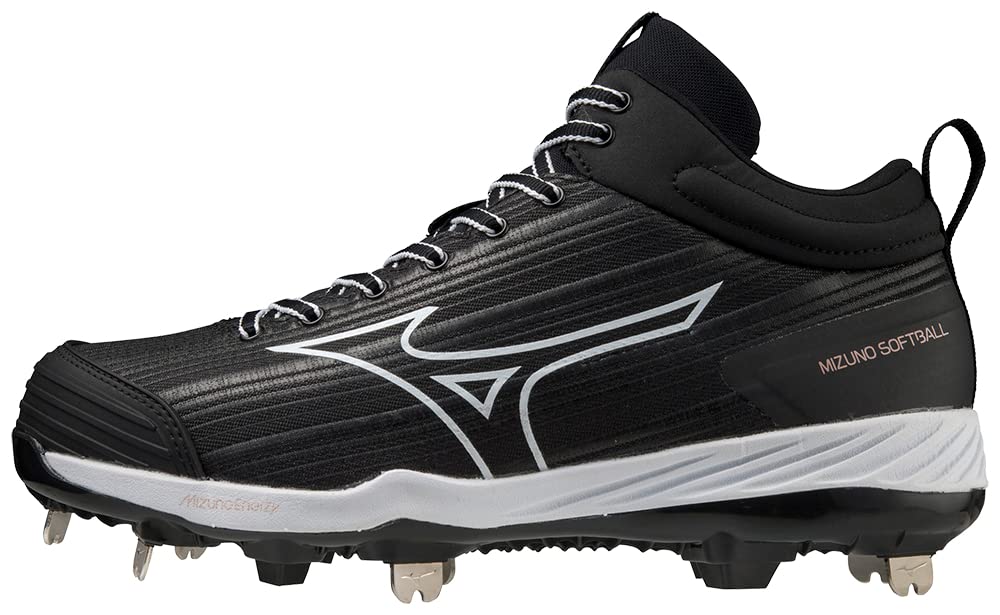 Mizuno Women's Sweep 6 Mid Softball Shoe, Black-White, 9