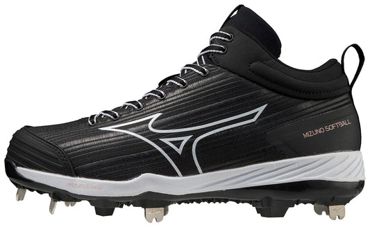 Mizuno Women's Sweep 6 Mid Softball Shoe, Black-White, 9