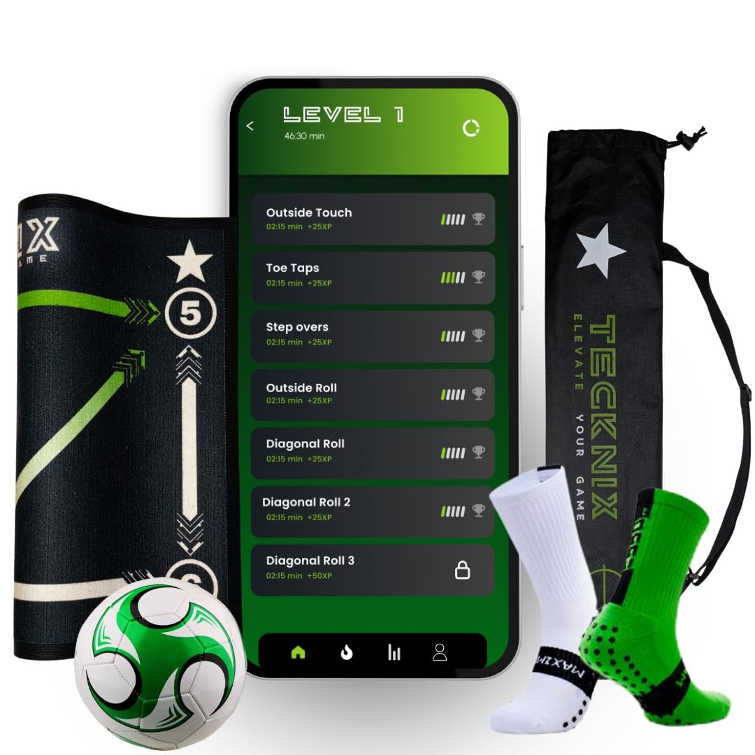 TECKNIX Soccer Training mat with app - Soccer Dribble Trainer for Kids- Soccer Skills Training Equipment - Indoor Soccer Training Game - Ideal Gift Set with Non-Slip Socks and Ball.