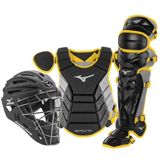 Mizuno Samurai Youth Baseball Boxed Catcher's Gear Set, Black-Yellow, 14" Youth Boys