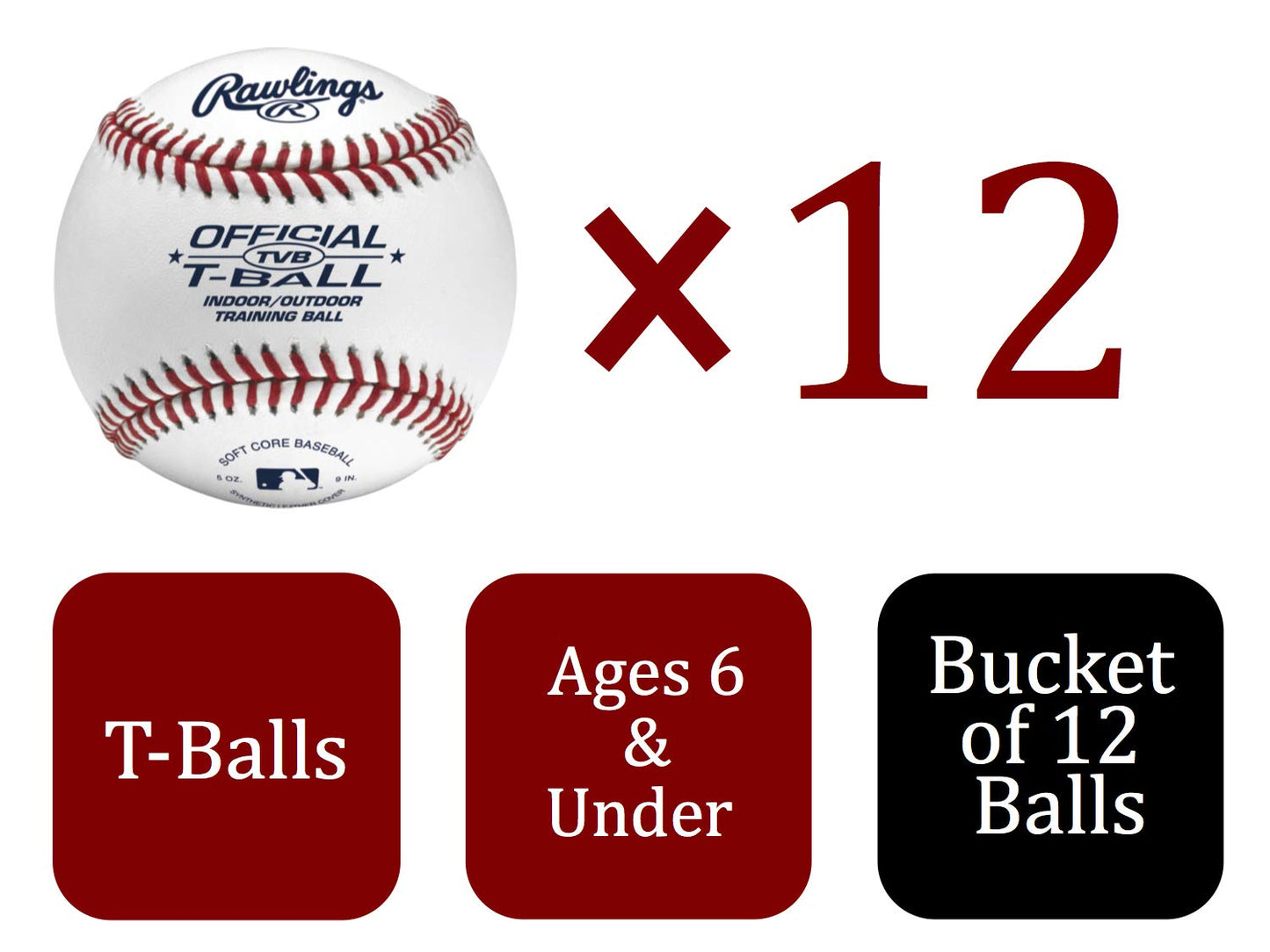 Rawlings | Official T-Balls | TVB | Youth/6u | Bucket | 12 Count | Sponge Rubber Core | Indoor/Outdoor White
