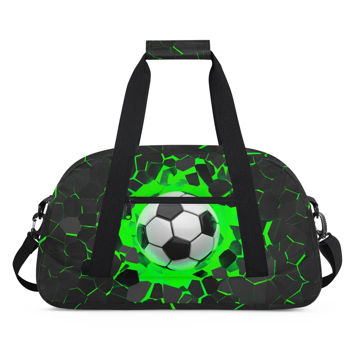 Green 3D Soccer Kids Overnighter Duffel Bags for Boys, Carry-On Size Sports Gym Bag with Front Zipper Pocket for School Practice or Overnight Travel Weekender Sleepover Tote Bag