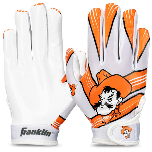 Franklin Sports Oklahoma State Cowboys Kids Football Receiver Gloves - Youth Official NCAA College Team Football Gloves - Silicone Palm - for Kids Ages 7-10 - Youth Small/Extra Small
