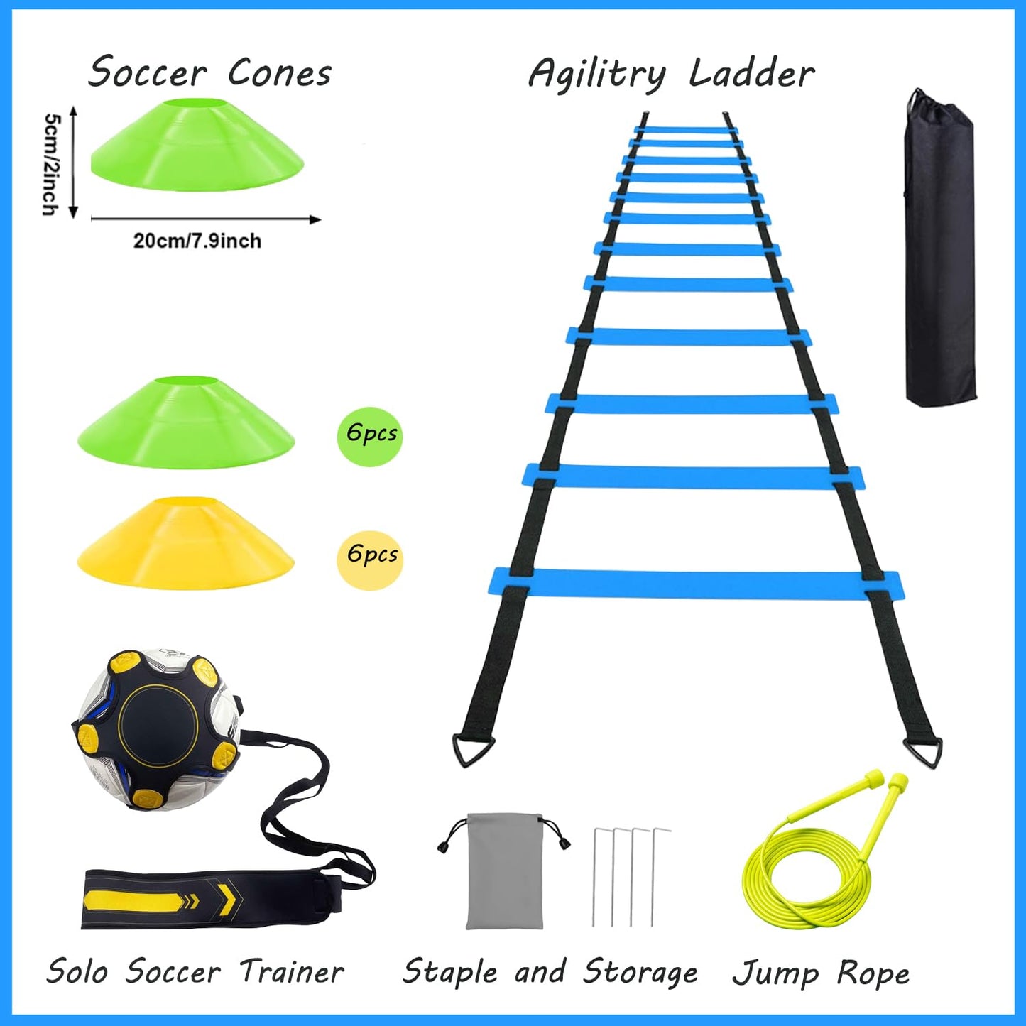 TGLITC Soccer Agility Training Equipment Set, Soccer Accessories 12 Rung 20Ft Agility Ladder, 12 Disc Cones, Solo Soccer Trainer, Jump Rope - Speed Training Equipment Gifts for boy