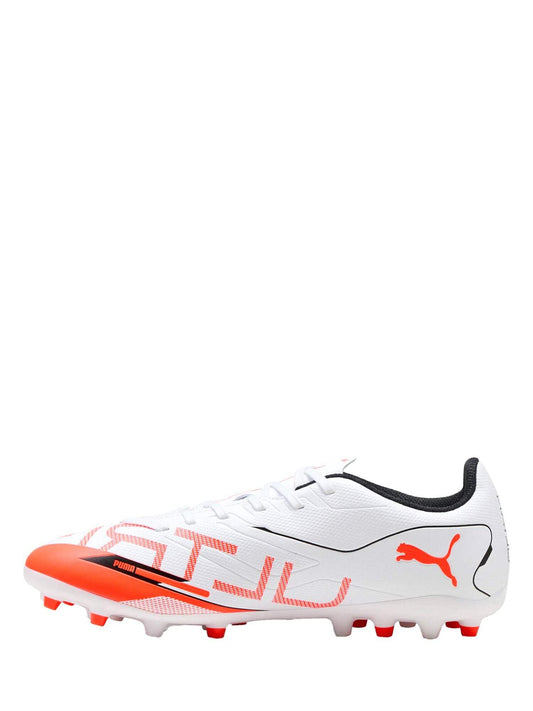 PUMA Unisex Ultra 5 Play MG Soccer Shoe, Puma White PUMA Black Glowing Red, 8.5
