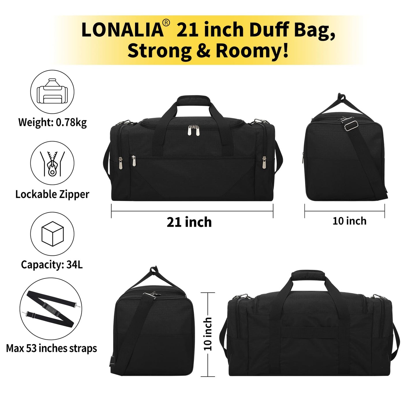 LONALIA Gym Bag Sport Duffle Bag for Men - 21 in Weekender Travel Bag with Trolley Sleeve (Black)