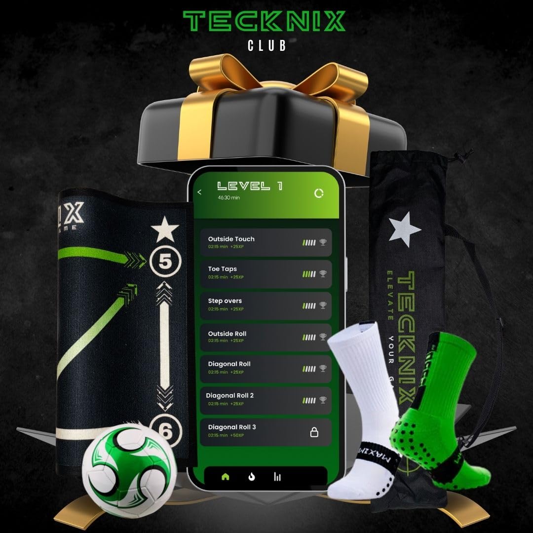 TECKNIX Soccer Training mat with app - Soccer Dribble Trainer for Kids- Soccer Skills Training Equipment - Indoor Soccer Training Game - Ideal Gift Set with Non-Slip Socks and Ball.