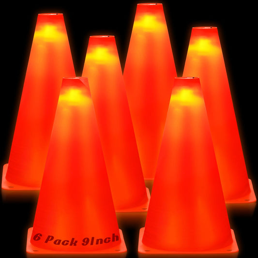 Relaxweex 6 Pcs 9 Inch LED Light up Soccer Cones Orange Sport Plastic Traffic Training Agility Cones Glow in The Dark for Basketball Football Skating Drill Indoor Outdoor Obstacle Back to School Gift