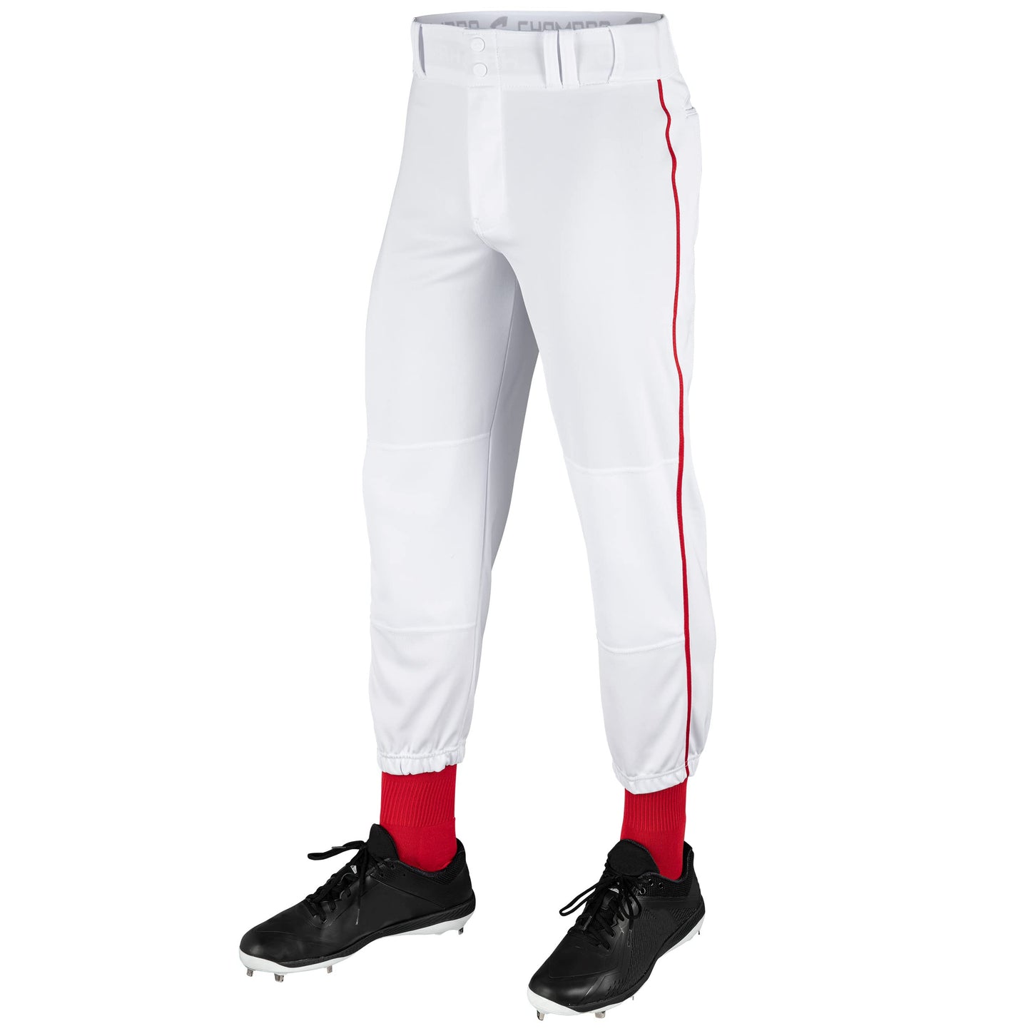 Champro Traditional Fit Triple Crown Classic Baseball Pants with Contrast-Color Braid Piping and Reinforced Sliding Areas, White, Scarlet Pipe, Medium