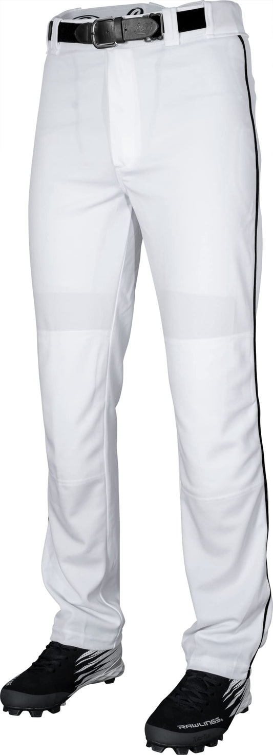 Rawlings Men's Standard Semi-Relaxed Full Length Baseball Pant | Piped Sizes | Multiple Colors, White/Black, Adult X Large