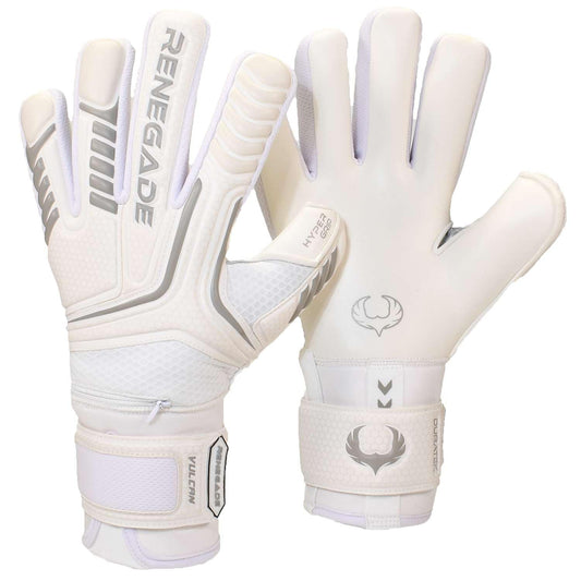 Renegade GK Vulcan Whiteout Goalie Gloves with Fingersaves | 3.5+3mm Hyper Grip & 4mm Duratek | White Goalkeeping Gloves (Size 9, Youth-Adult, Roll Cut, Level 3)