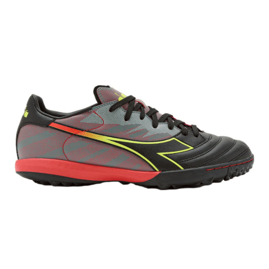 Diadora Brasil Elite Turf Soccer Shoe - Water-Resistant Suprellsoft, Non-Slip PU Heel Lining, Flex Points on Insole, Fine Craftsmanship, Black/Red/Yellow, 9.5