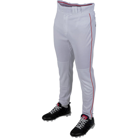 Rawlings Men's PRO 150 Series Baseball Pant | Jogger Fit | Adult Sizes | Solid & Piped Options, White/Scarlet, Medium