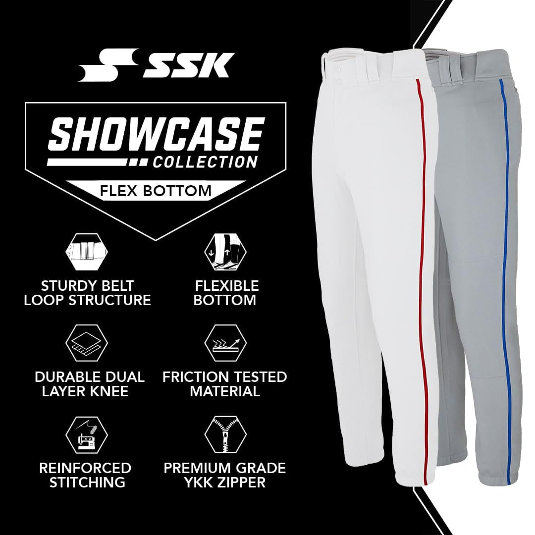 SSK Showcase Collection Flex Bottom Adult Baseball Pants | Adult Sizes Solid & Piped (US, Alpha, X-Large, Regular, Regular, White/Forest)