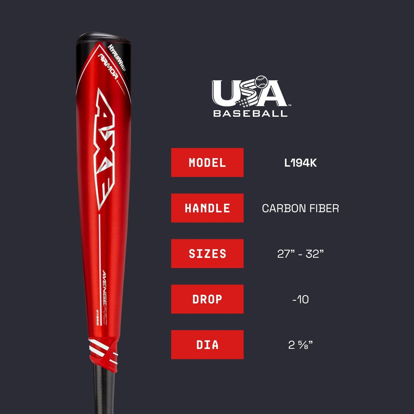 Axe Bat 2023 Avenge Pro Hybrid (-10, 2-5/8") USA Baseball Bat, 3-Piece Hybrid, Red/Black (28" / 18 oz.)