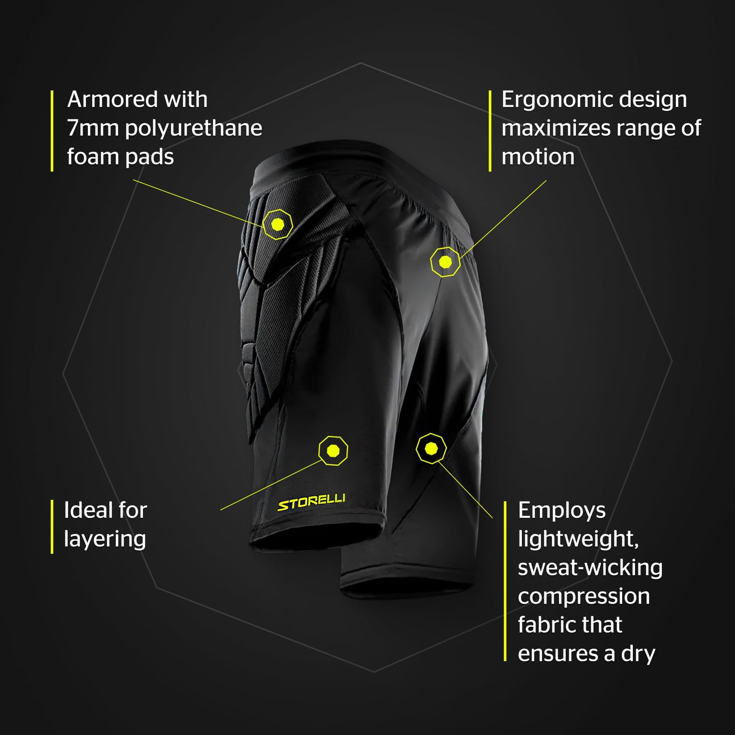 Storelli ExoShield Goalkeeper Shorts, High-Impact Protection, Sweat-Wicking, Breathable Athletic Shorts for Soccer & Heavy-Duty Sports, Black, Large