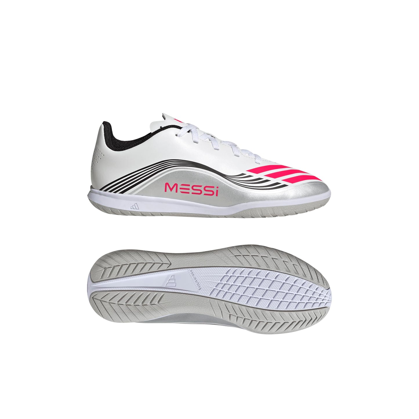 adidas F50 Messi Club Indoor Sneaker, White/Lucid Red/Silver Metallic, 3.5 US Unisex Little Kid