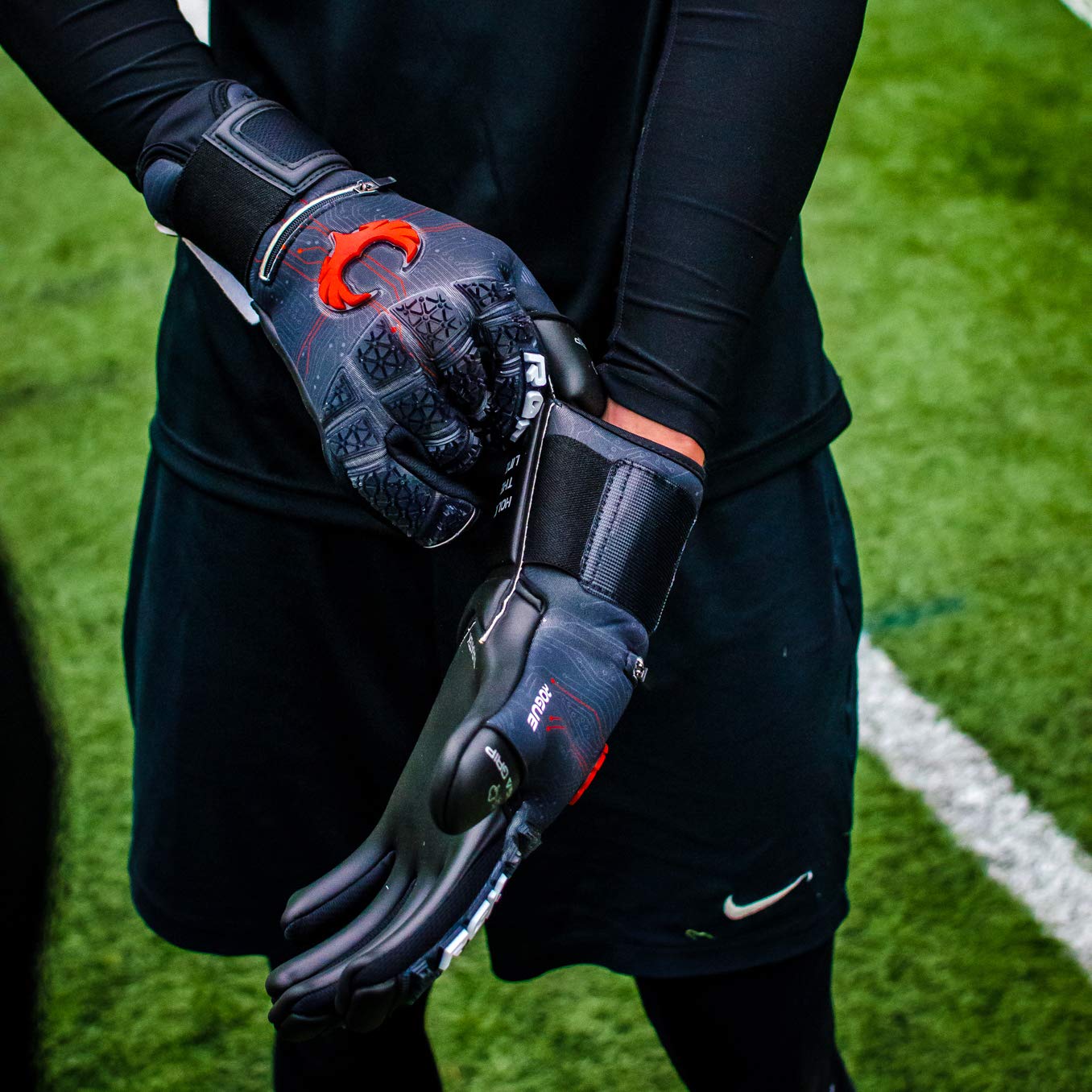 Renegade GK Limited Edition Rogue Quantum Goalie Gloves with Pro-Tek Fingersaves | 4mm Giga Grip & Neoprene | Black & Red Soccer Goalkeeper Gloves (Size 8, Youth-Adult, Negative Cut, Level 4+)